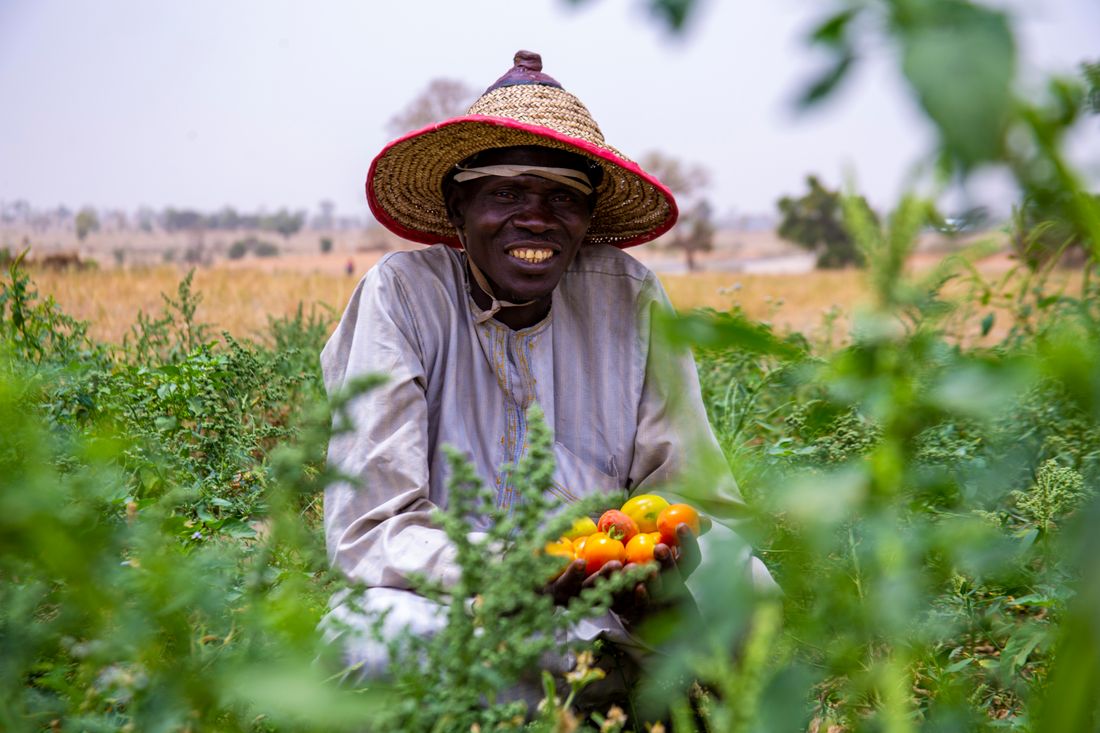 A farmer in the field holding produce during a field visit.